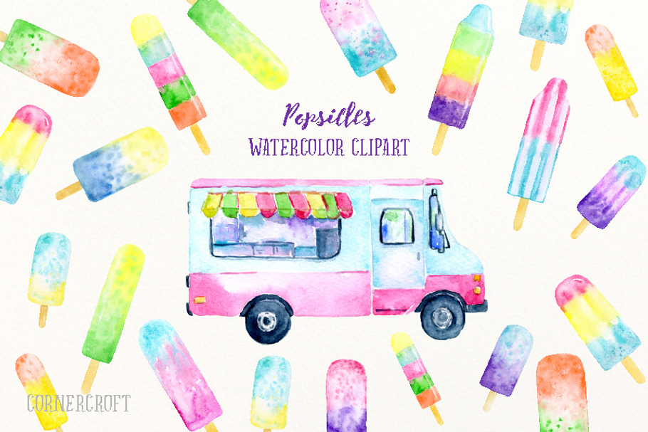 Watercolor Clipart Popsicles in Illustrations - product preview 8