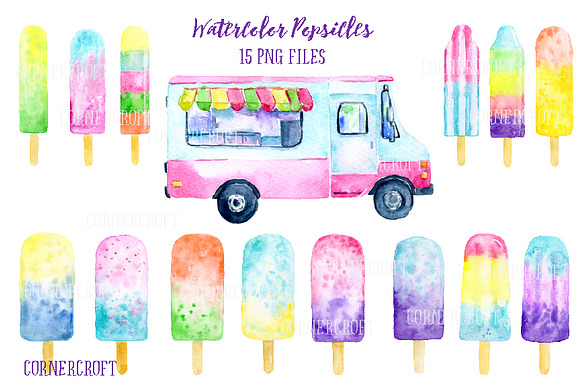 Watercolor Clipart Popsicles in Illustrations - product preview 1