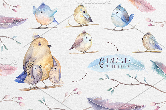 Watercolor birds and feathers in Illustrations - product preview 2
