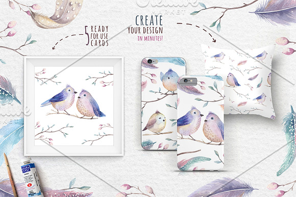 Watercolor birds and feathers in Illustrations - product preview 5