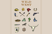Hand drawn Wild West icons set 