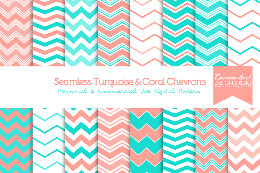 Seamless Turquoise & Coral Chevrons in Patterns - product preview 8