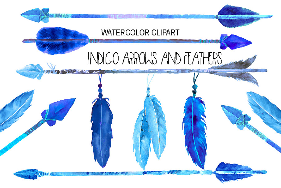 Watercolor indigo arrows & feathers