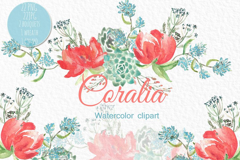 Coral Peonies.watercolor clipart