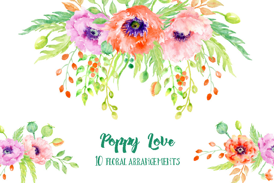 Watercolor Poppy Floral Arrangements in Illustrations - product preview 8