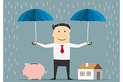 Businessman holds umbrellas 