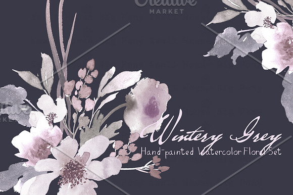 Wintery Grey - Watercolor Floral Set in Illustrations - product preview 2