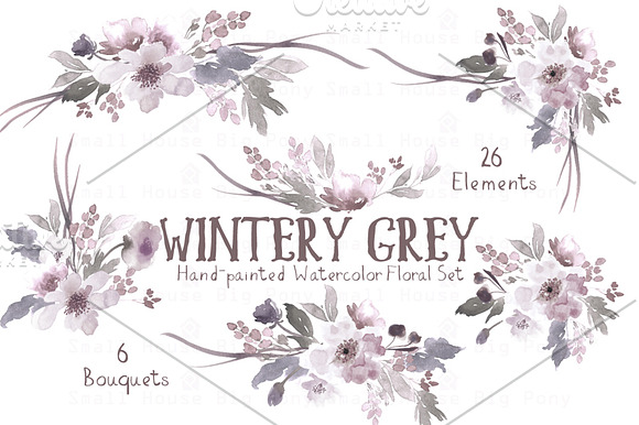 Wintery Grey - Watercolor Floral Set in Illustrations - product preview 4