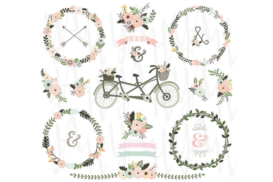 Floral Wreaths Bicycles Elements
