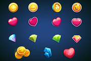 Coins, hearts, jewels - set icons.
