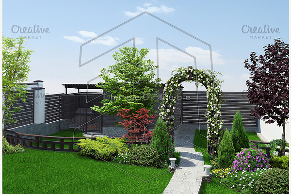 Backyard defining areas, 3d render