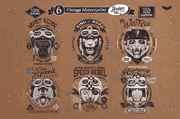 6 Vintage Motorcycles Badges Vol.2 in Logo Templates - product preview 1