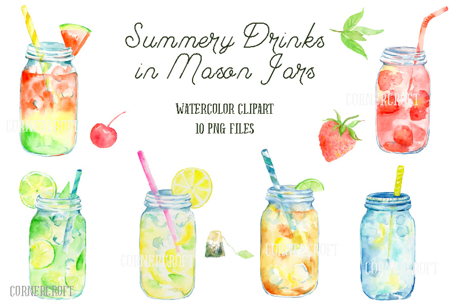 Watercolor Mason Jar Drinks in Illustrations - product preview 8