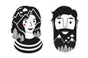 Bearded man and cute girl nature set