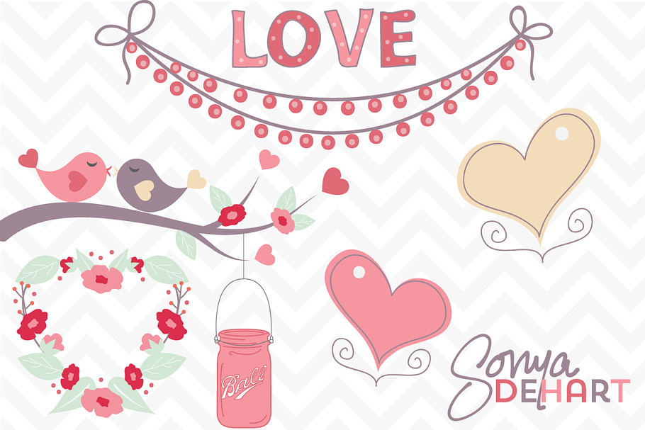 Clip Art Romantic Love Birds Hearts in Illustrations - product preview 8