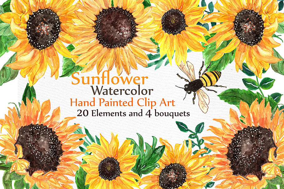 Watercolor sunflowers clipart in Illustrations - product preview 8