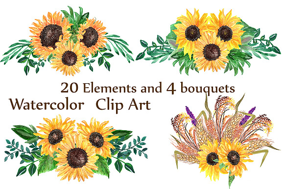 Watercolor sunflowers clipart in Illustrations - product preview 2