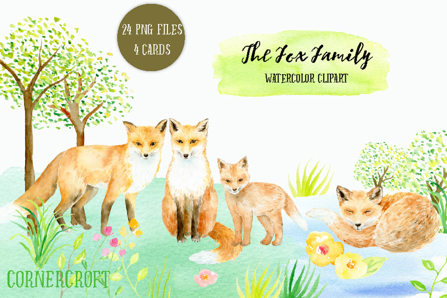 Watercolor Clipart Fox Family in Illustrations - product preview 8