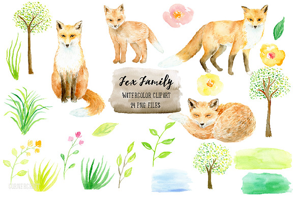 Watercolor Clipart Fox Family in Illustrations - product preview 1