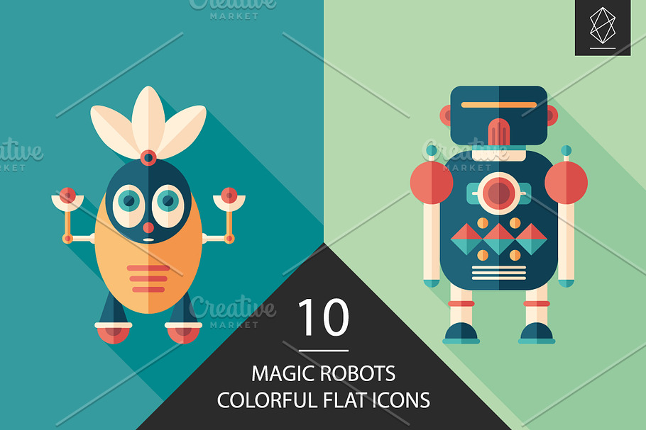 Magic robots flat square icon set in Graphics - product preview 8