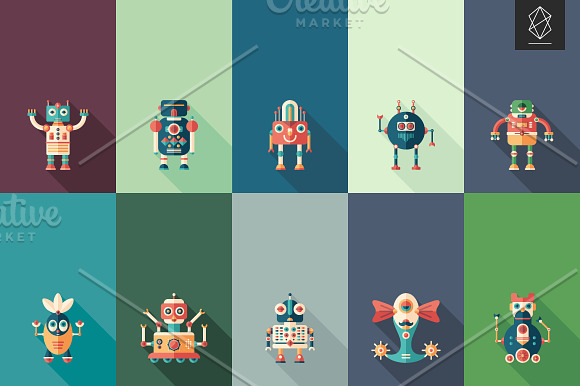 Magic robots flat square icon set in Graphics - product preview 1