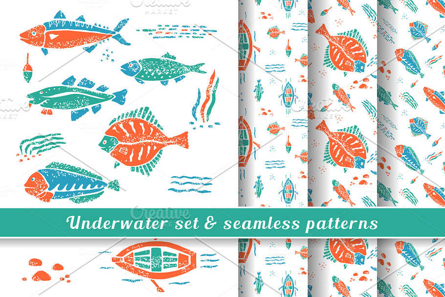 Underwater set & seamless pattern #2