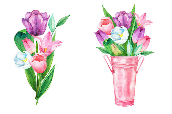 Watercolor Tulip Bouquet & Clipart in Illustrations - product preview 2