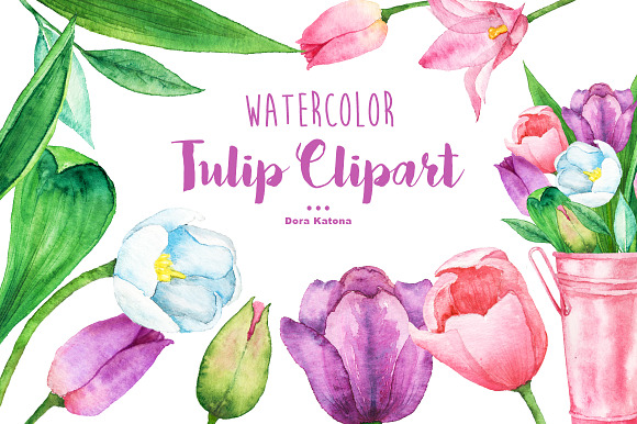 Watercolor Tulip Bouquet & Clipart in Illustrations - product preview 3