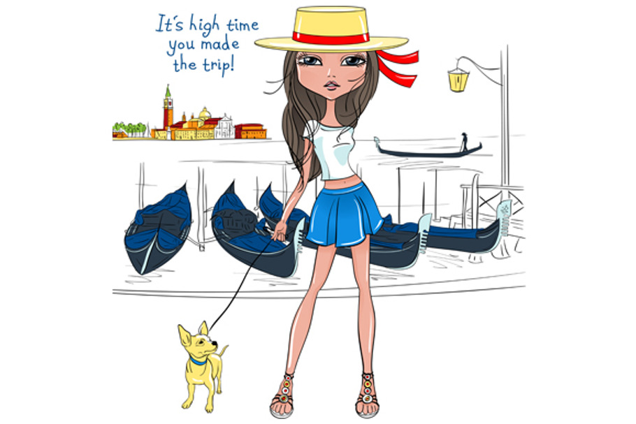 Fashion girl with dog in Venice in Illustrations - product preview 8