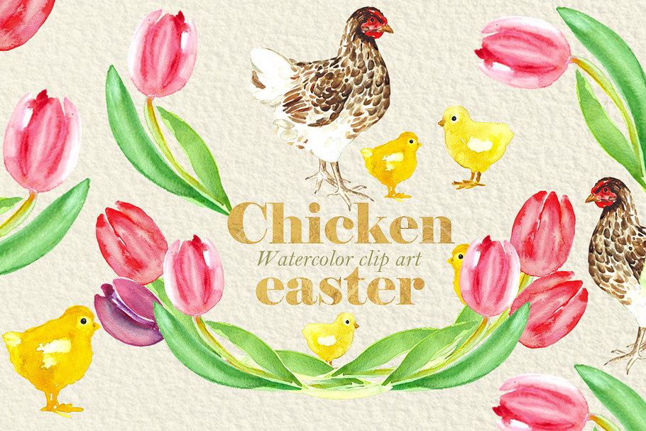 Chicken easter.Watercolor clipart in Illustrations - product preview 8