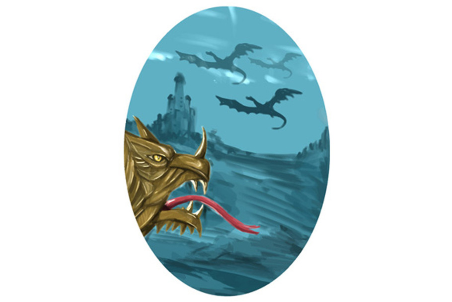 Dragon Head Castle Oval Watercolor in Illustrations - product preview 8
