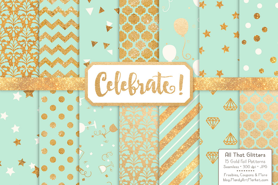 Gold Foil Digital Papers in Mint