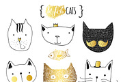 Set of cute doodle cats in gold