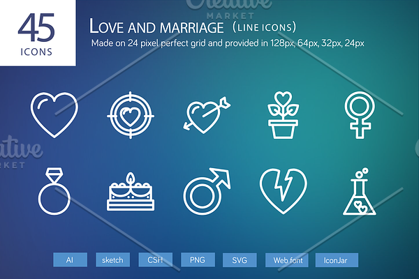 45 Love and Marriage Line Icons