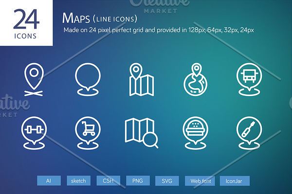 24 Maps Line Icons