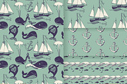 Set of sea patterns with funny whale