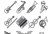 Musical instruments thin line icons