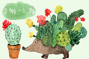 Watercolor Cactus Hedgehog PNG+JPG