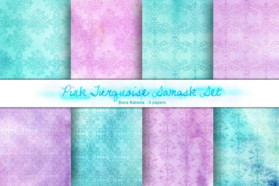 Pink Turquoise Damask Set in Patterns - product preview 8