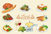 Set of French food icons. Cuisine