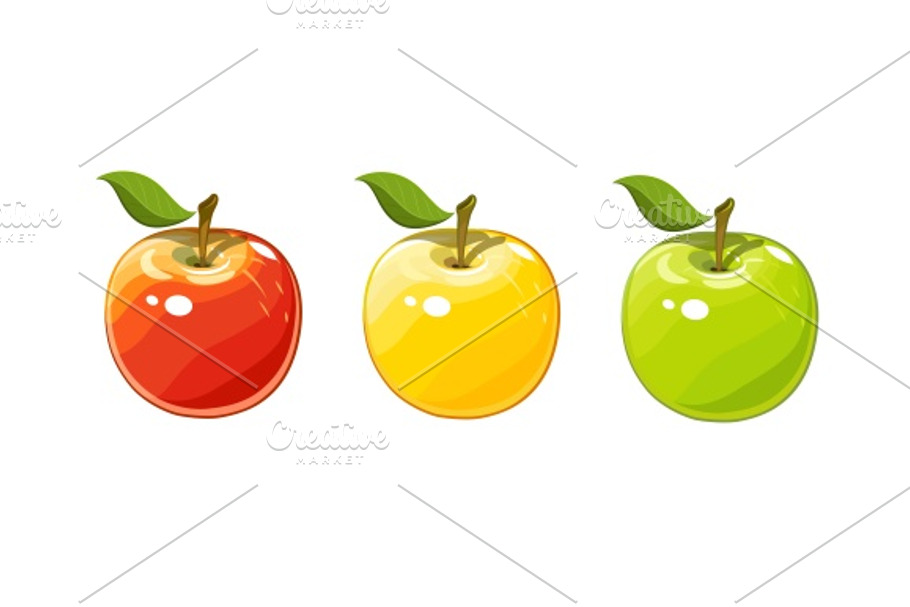 Ripe juicy apple. Set of vector illustration.