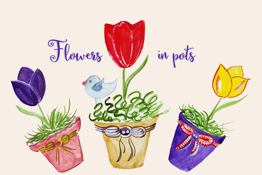 Watercolor flowers in pots.