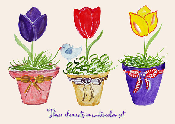 Watercolor flowers in pots. in Illustrations - product preview 1
