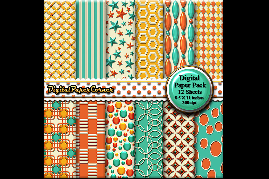 Aqua Orange Scrapbook Digital Paper in Patterns - product preview 8