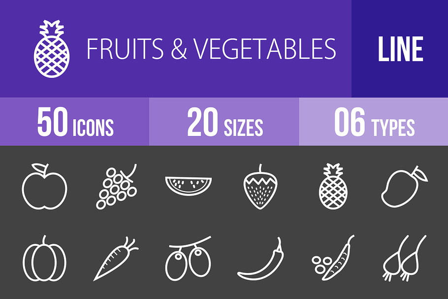 50 Fruits & Vegetables Line Inverted in Graphics - product preview 8