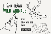 Hand drawn WOLF SWAN STAG DOE