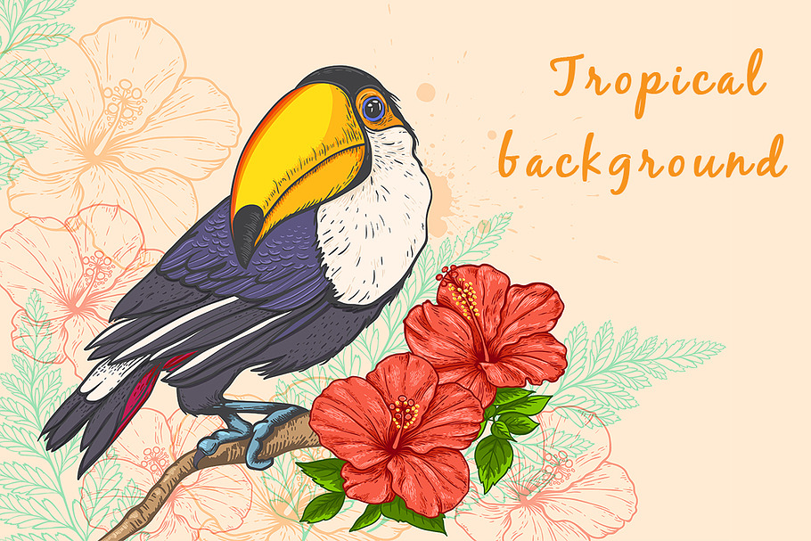 Background with flowers and toucan in Illustrations - product preview 8