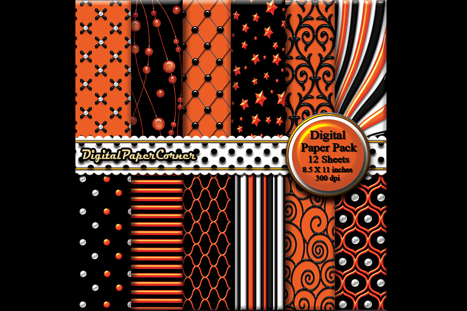 Black Orange Scrapbook Digital Paper in Patterns - product preview 8