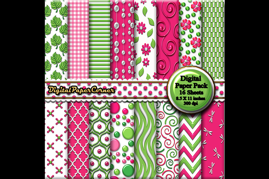 Green Pink Scrapbook Digtial Paper in Patterns - product preview 8