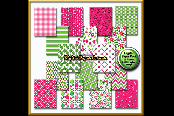 Green Pink Scrapbook Digtial Paper in Patterns - product preview 1